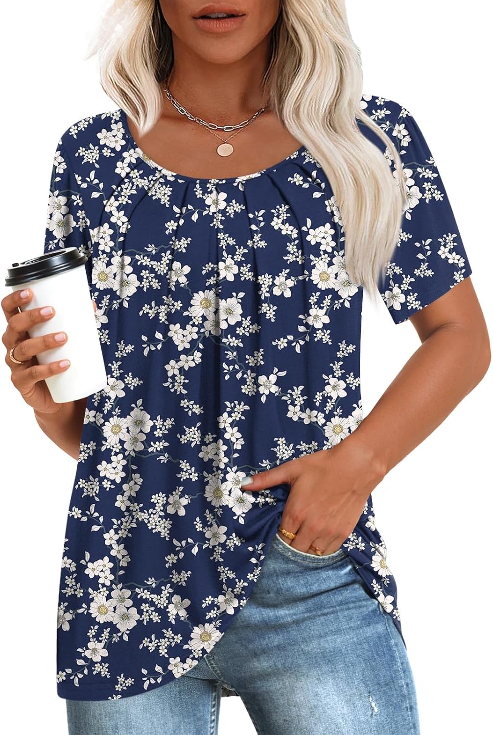 Laureen Maglia Femme Tunique – Manches Courtes, Plis Frontaux, Décontracté M-3XL