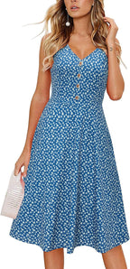 Melany Robe Femme Midi Florale – Col V, Sans Manches, Poches Été