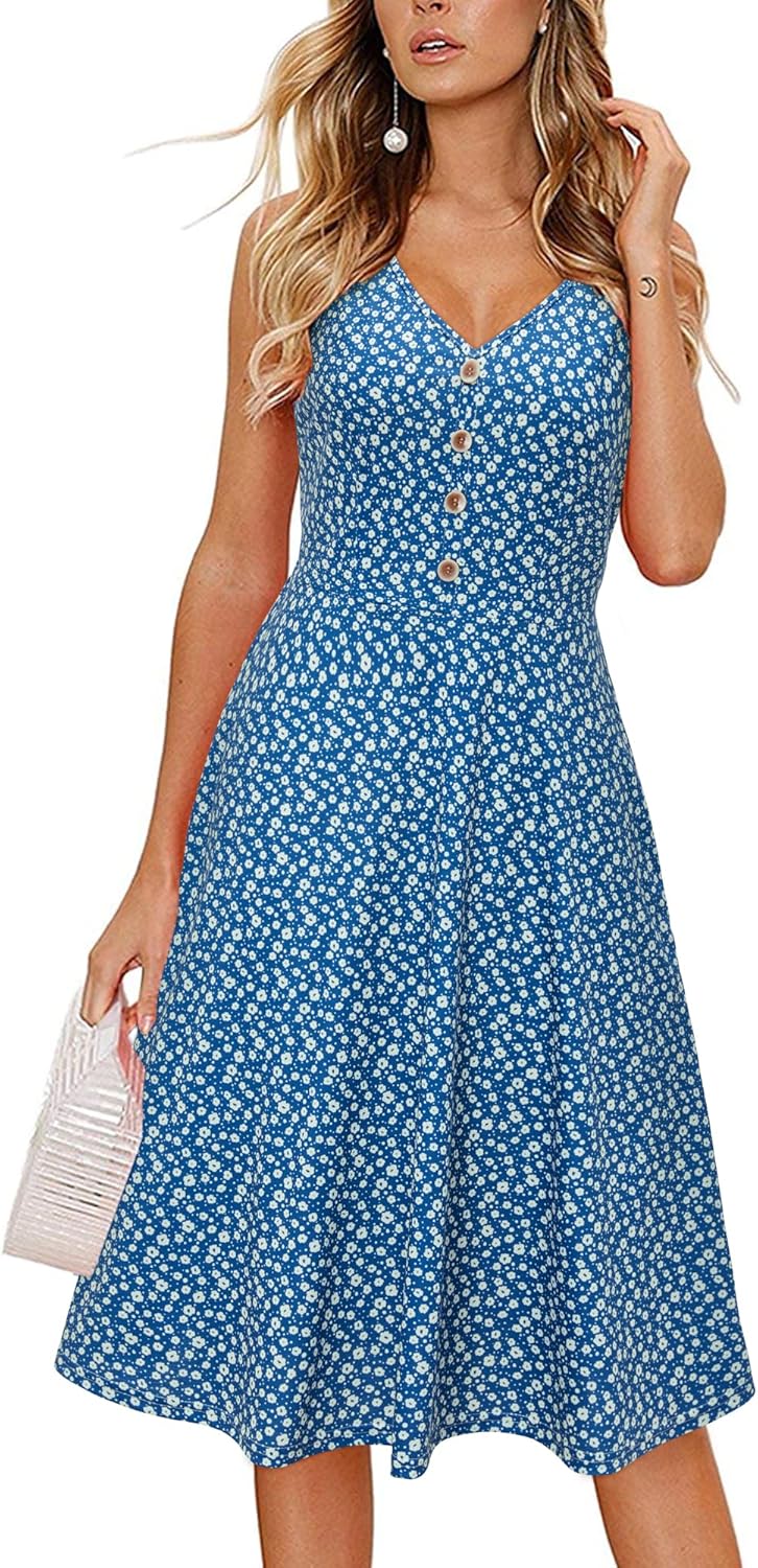 Melany Robe Femme Midi Florale – Col V, Sans Manches, Poches Été