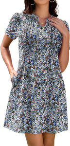 Elena Robe Femme T-shirt – Robe Col en V Manches Courtes Poches Décontractée d'Été