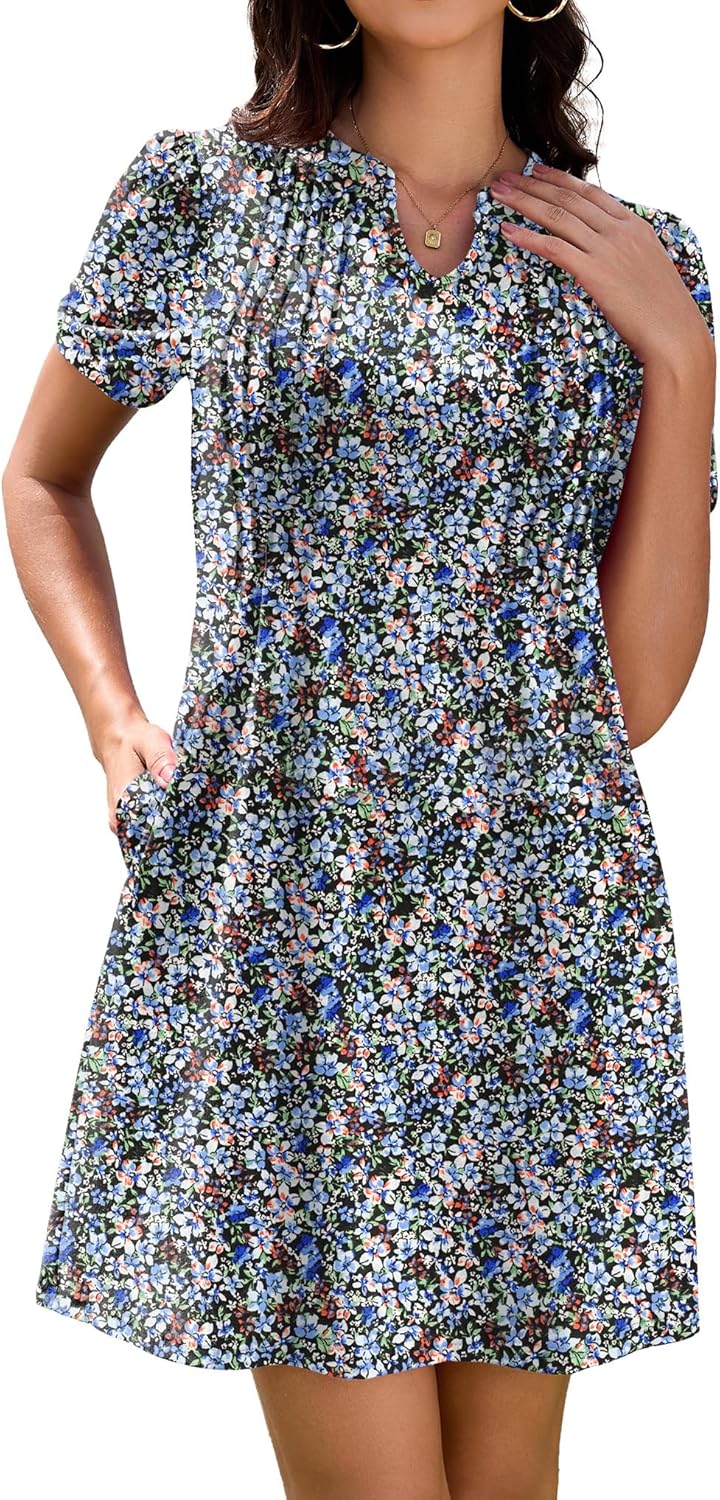 Elena Robe Femme T-shirt – Robe Col en V Manches Courtes Poches Décontractée d'Été