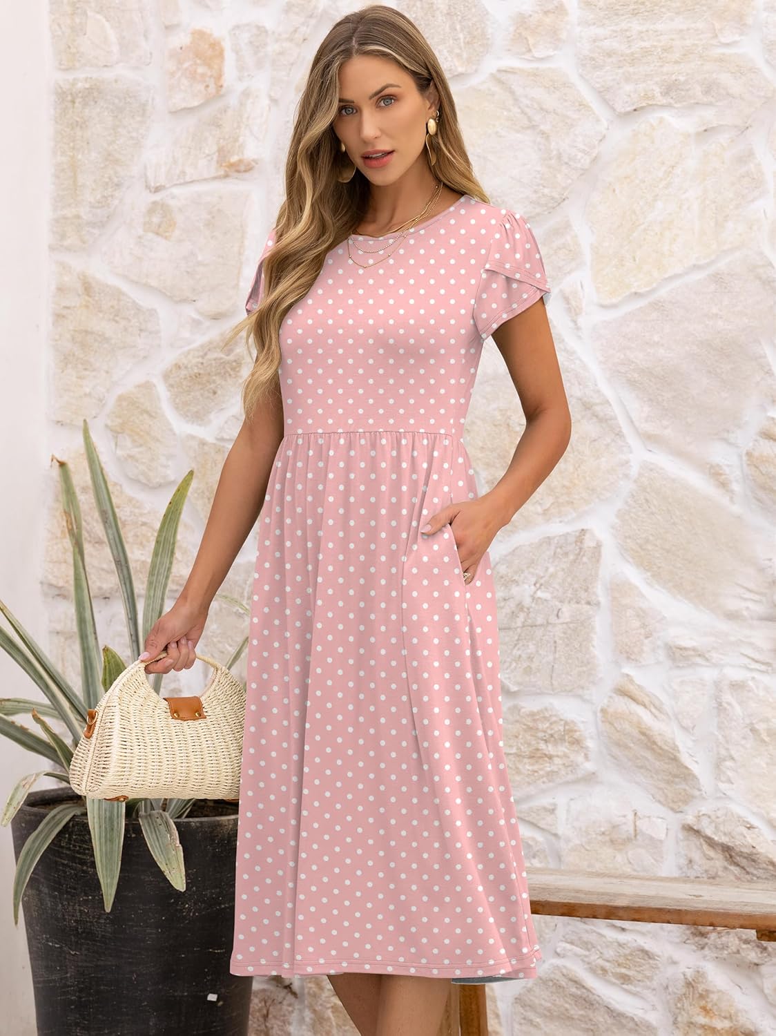 Robe midi florale Elisa pour femme – manches courtes, col rond, coupe trapèze avec poches