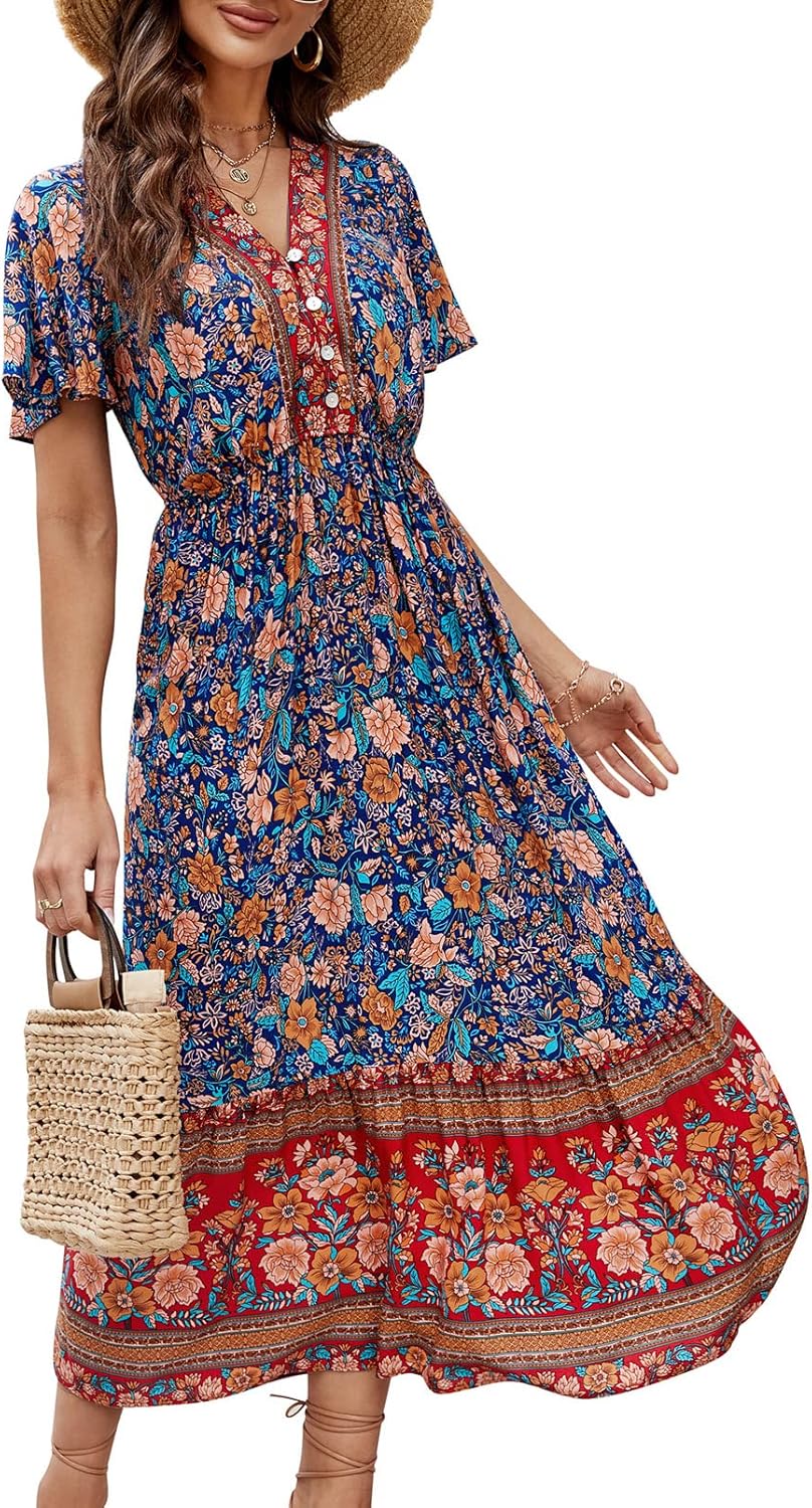 Elisa vestido bohemio midi para mujer – vestido de verano floral con escote en V y volantes