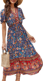 Elisa vestido bohemio midi para mujer – vestido de verano floral con escote en V y volantes