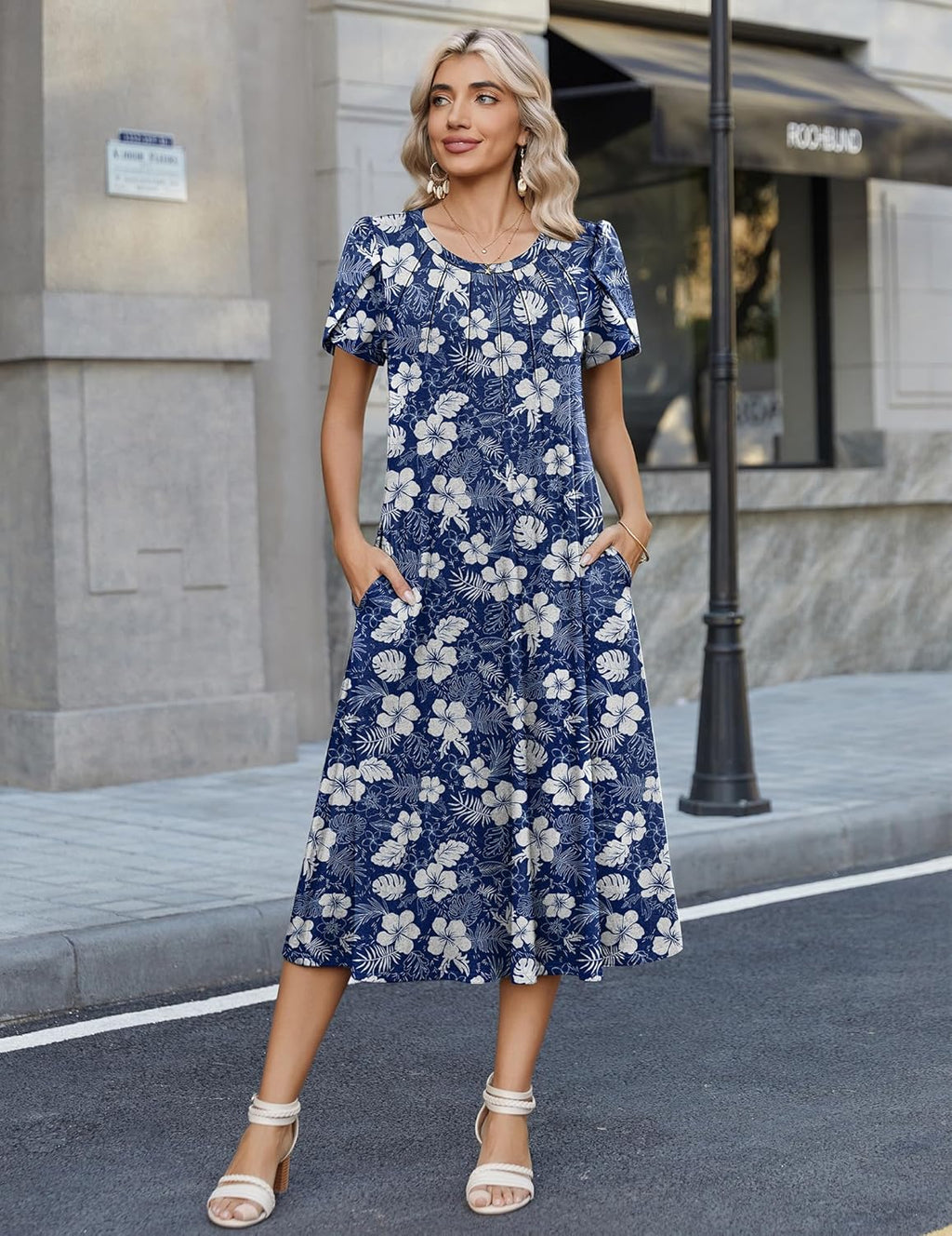 Sofia Robe d'Été Femme – Robe Midi Florale Décontractée avec Poches et Manches Courtes