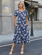 Sofia Robe d'Été Femme – Robe Midi Florale Décontractée avec Poches et Manches Courtes