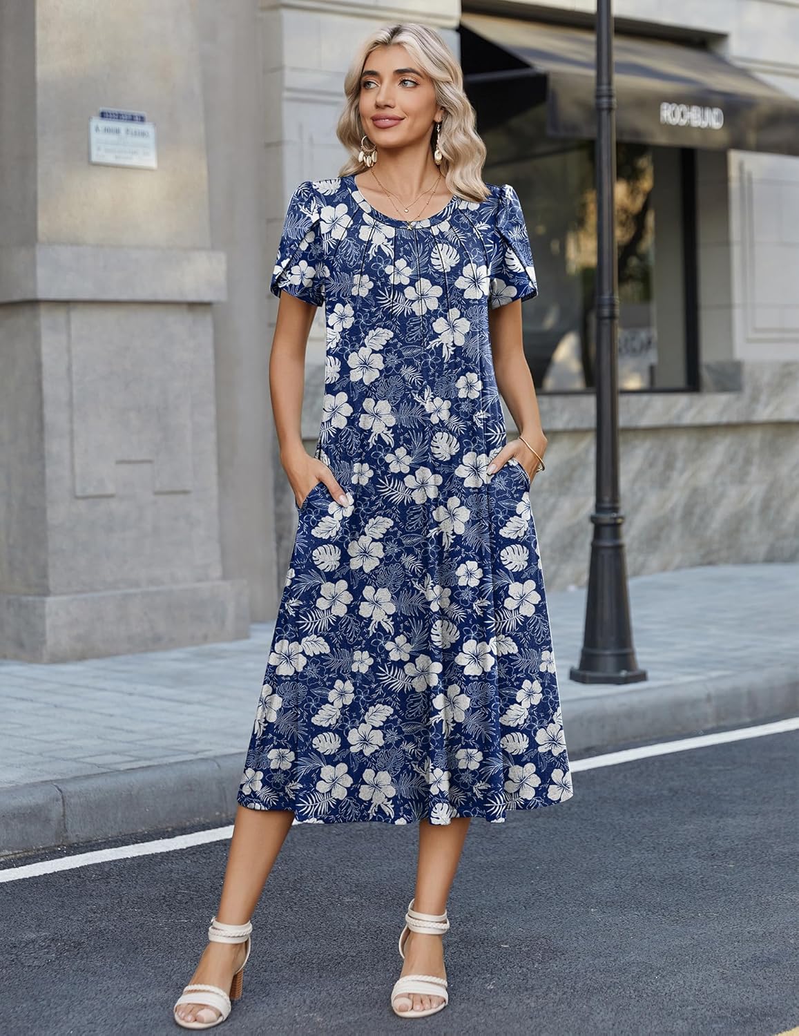 Sofia Robe d'Été Femme – Robe Midi Florale Décontractée avec Poches et Manches Courtes