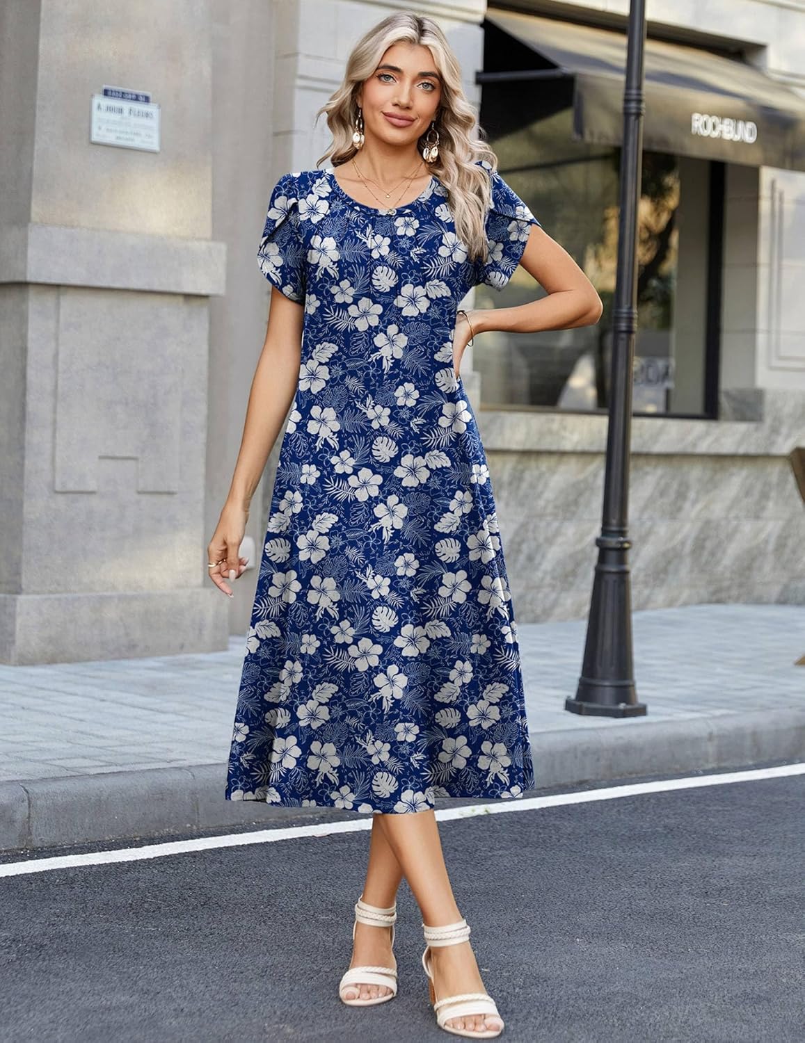 Sofia Robe d'Été Femme – Robe Midi Florale Décontractée avec Poches et Manches Courtes