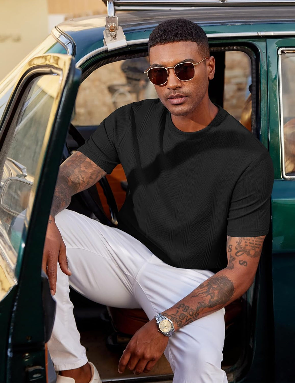 T-shirt Matteo pour homme en maille jacquard – T-shirt décontracté élégant à col rond
