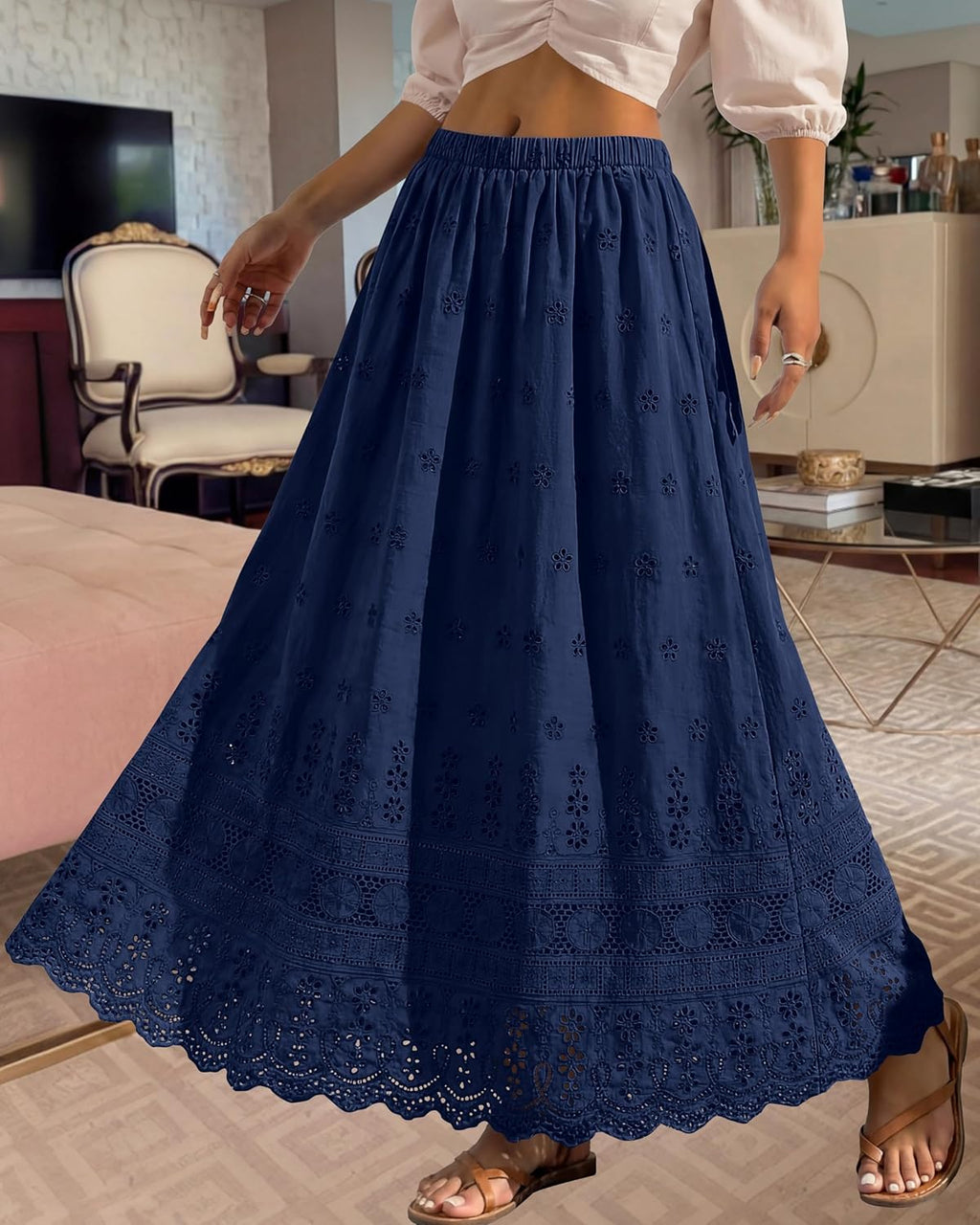 Gonna Dowerme Donna – Gonna Maxi Boho in Cotone con Ricami Sangallo