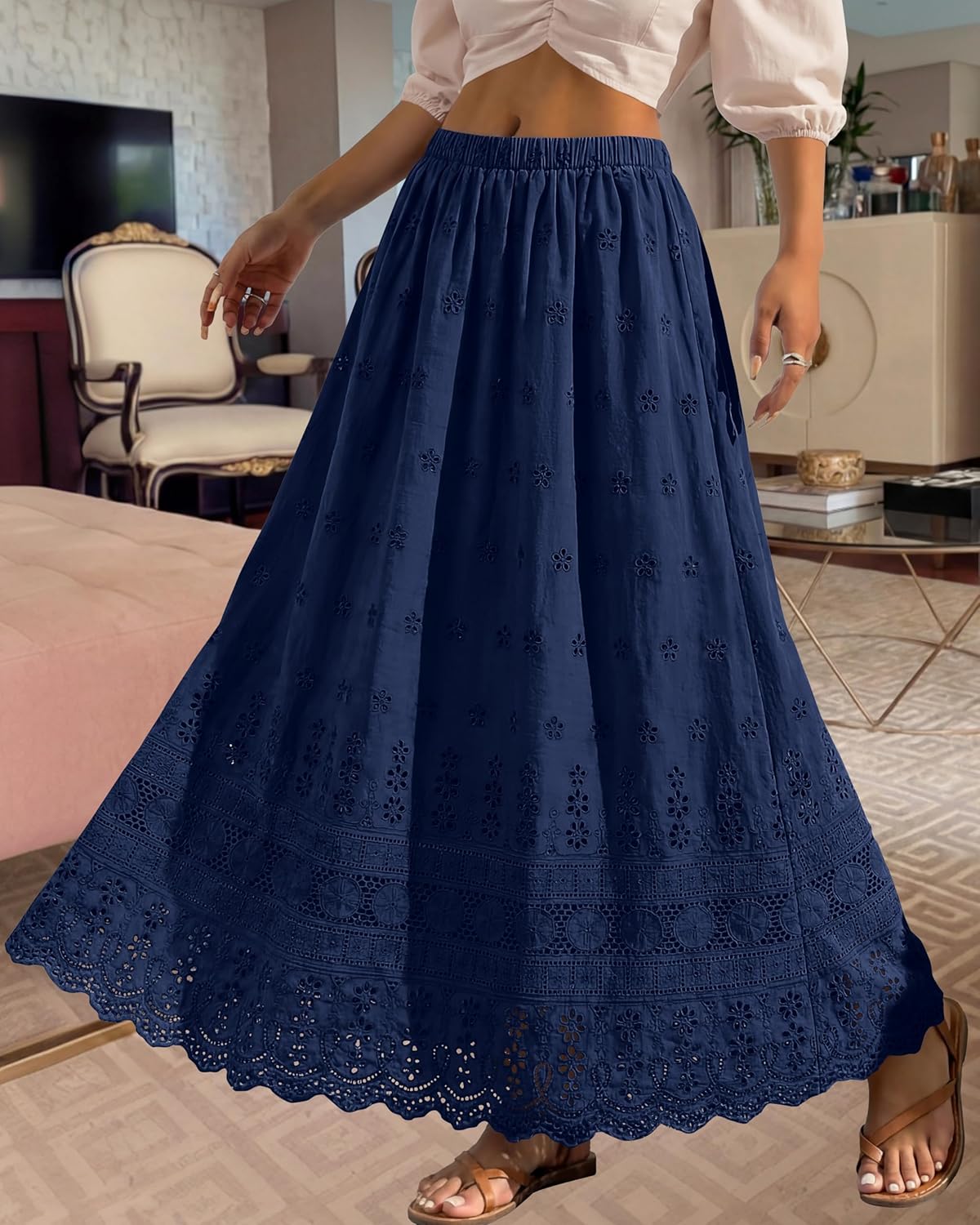 Gonna Dowerme Donna – Gonna Maxi Boho in Cotone con Ricami Sangallo