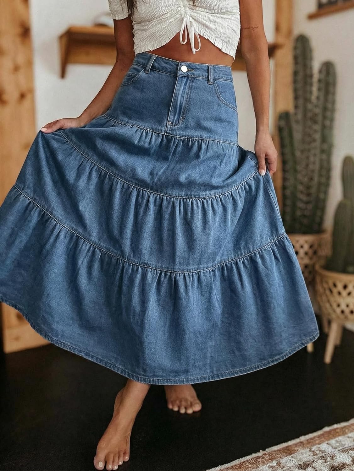 Falda larga Verna para mujer en denim – Falda larga vaquera con volantes y bolsillos