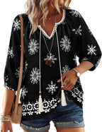 Alba Blusa Mujer – Boho Floral, Escote en V con Cordón, Mangas 3/4 Casual