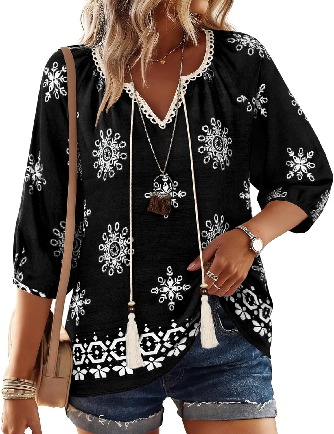 Alba Blusa Mujer – Boho Floral, Escote en V con Cordón, Mangas 3/4 Casual