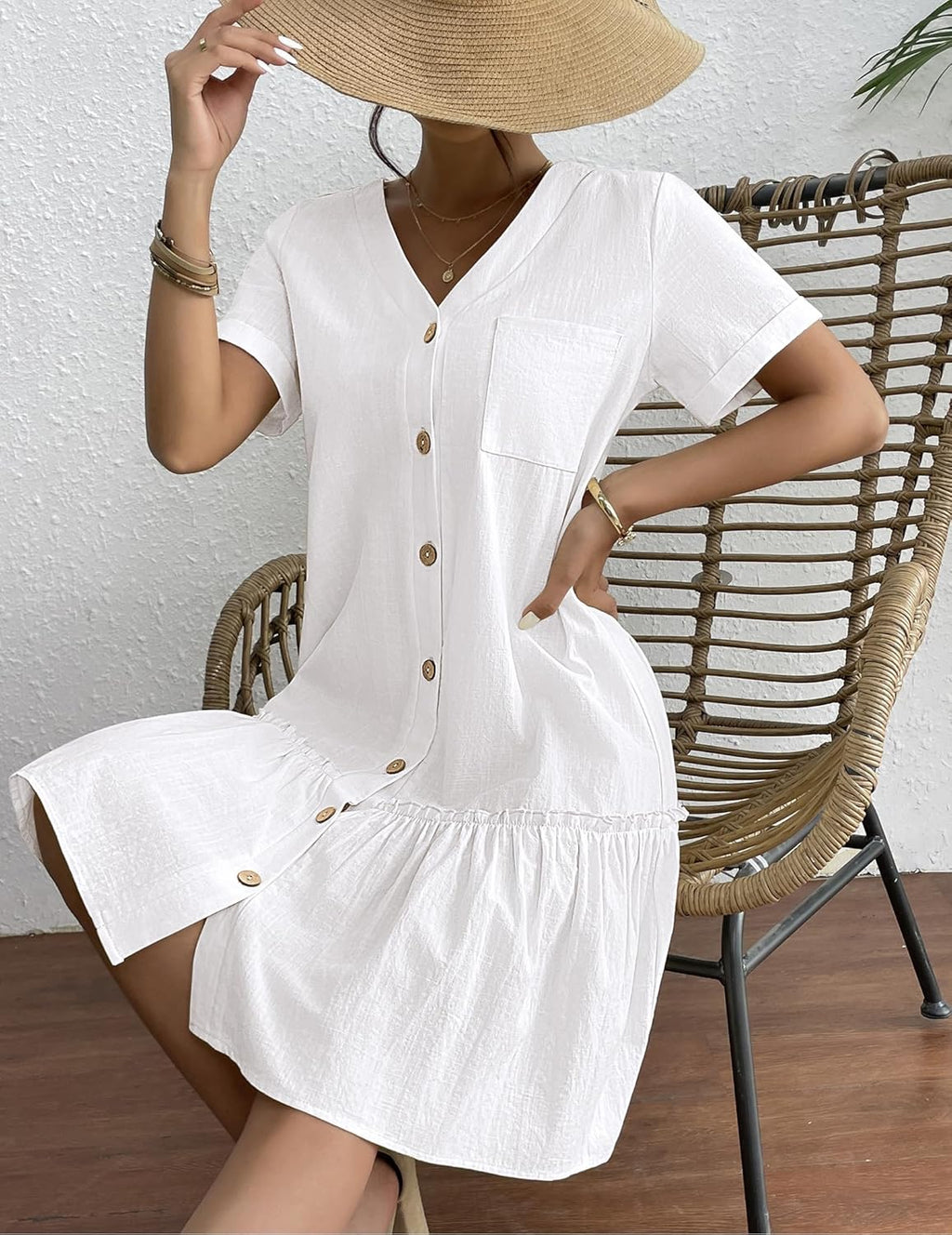 Lorenza Robe Femme – Robe en Lin Coton, Boutons, Volants, Décontractée Élégante