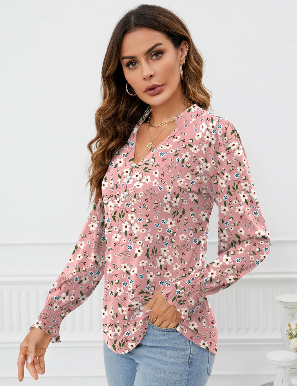 Beatrice Blusa Mujer – Escote en V, Mangas Largas Abullonadas, Túnica Elegante Casual