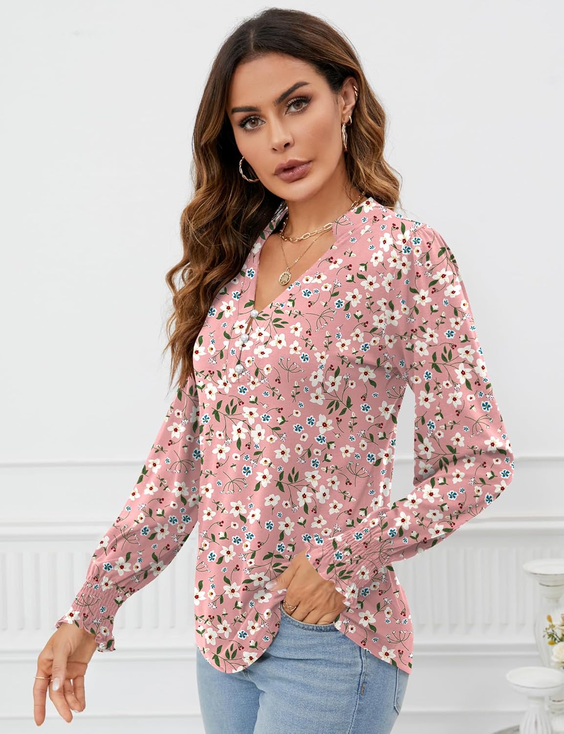 Beatrice Blusa Mujer – Escote en V, Mangas Largas Abullonadas, Túnica Elegante Casual