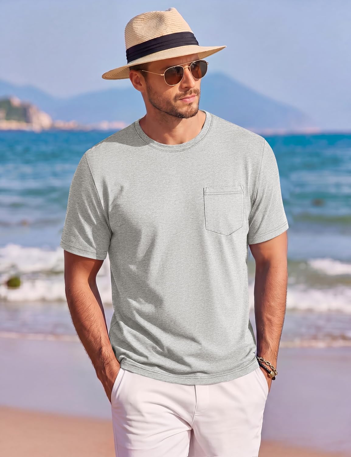 Camiseta Matteo para hombre en algodón con bolsillo – Camiseta casual de cuello redondo y mangas cortas