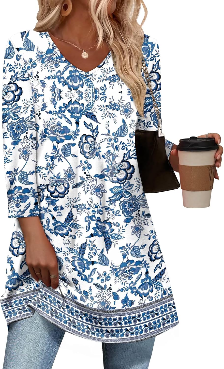 Blouse Elisa Femme – Col en V, Manches 3/4, Tunique Casual Élégante de Bureau