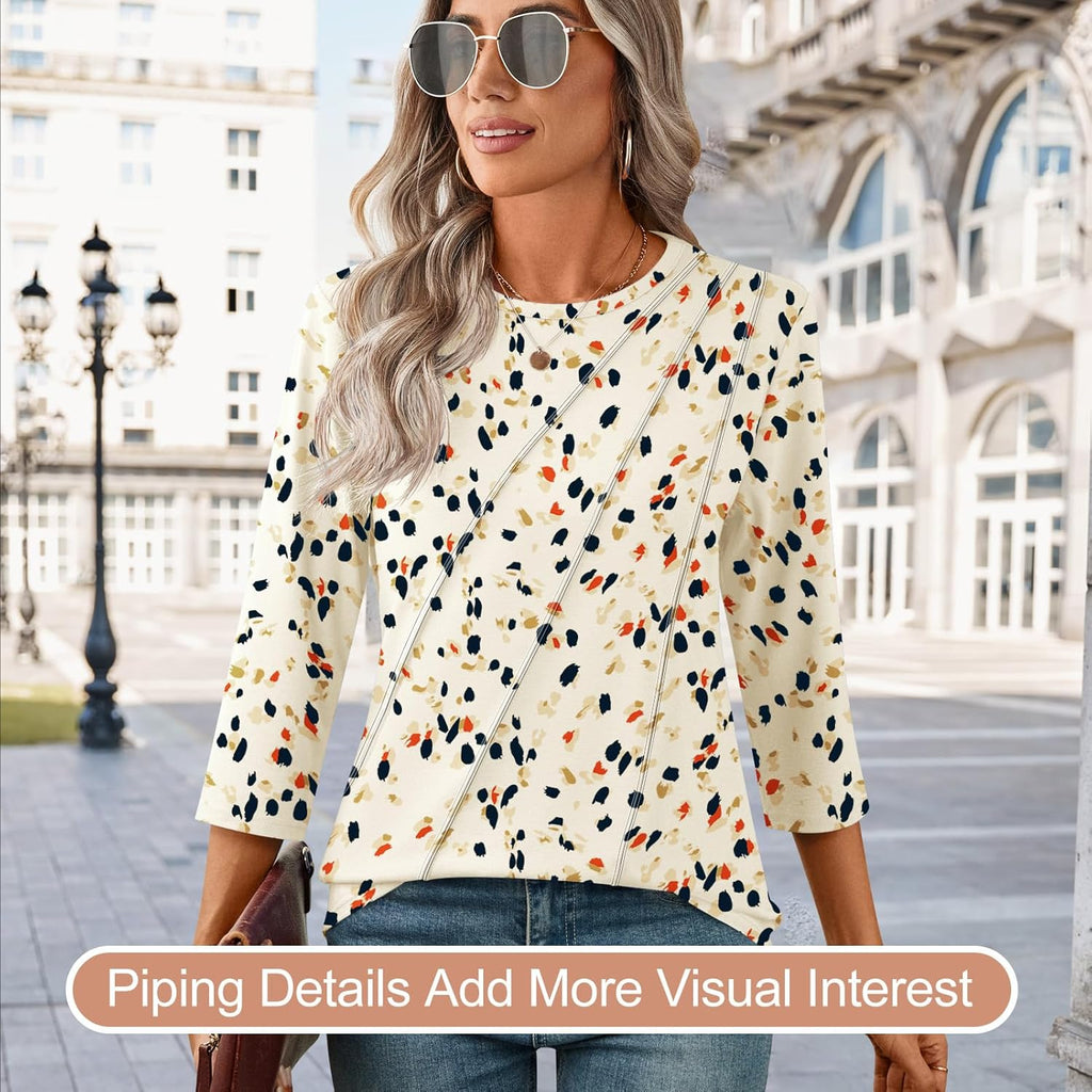 Martina Blouse Femme – Col V, Manches 3/4, Tunique Fleurie Plissée Élégante