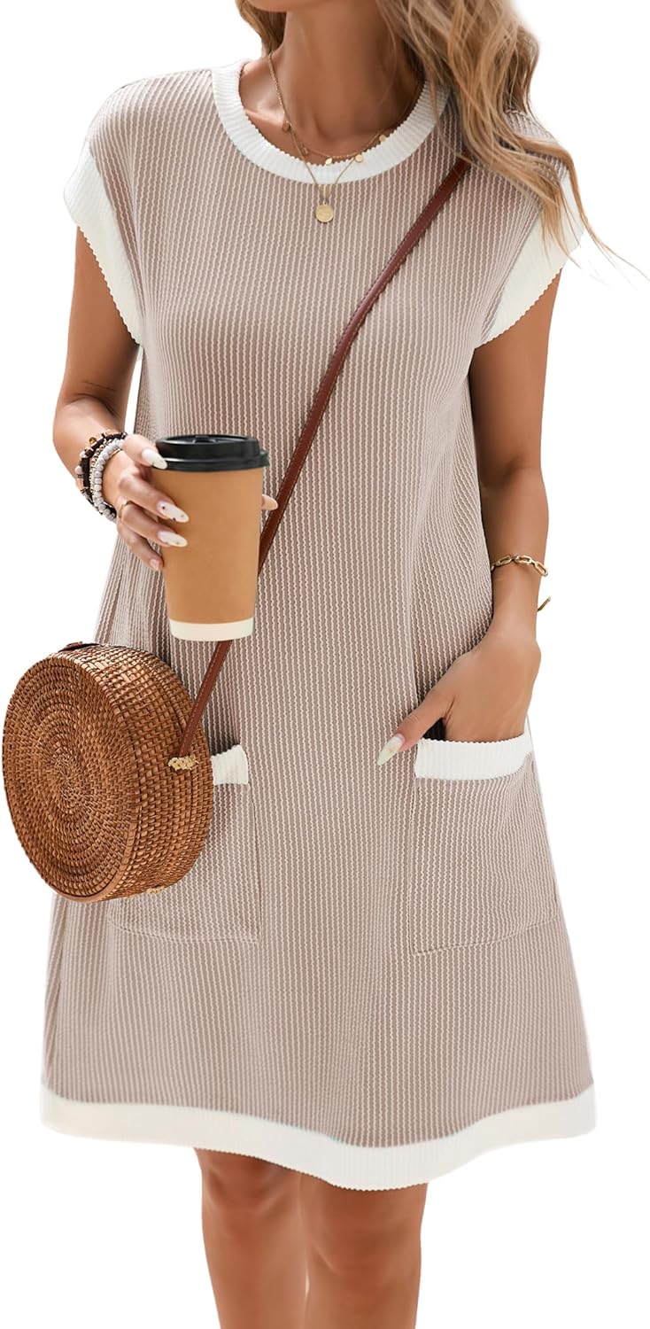 Sage Vestido Mujer – Vestido Corto Color Block, Mangas Cortas, Bolsillos Casual