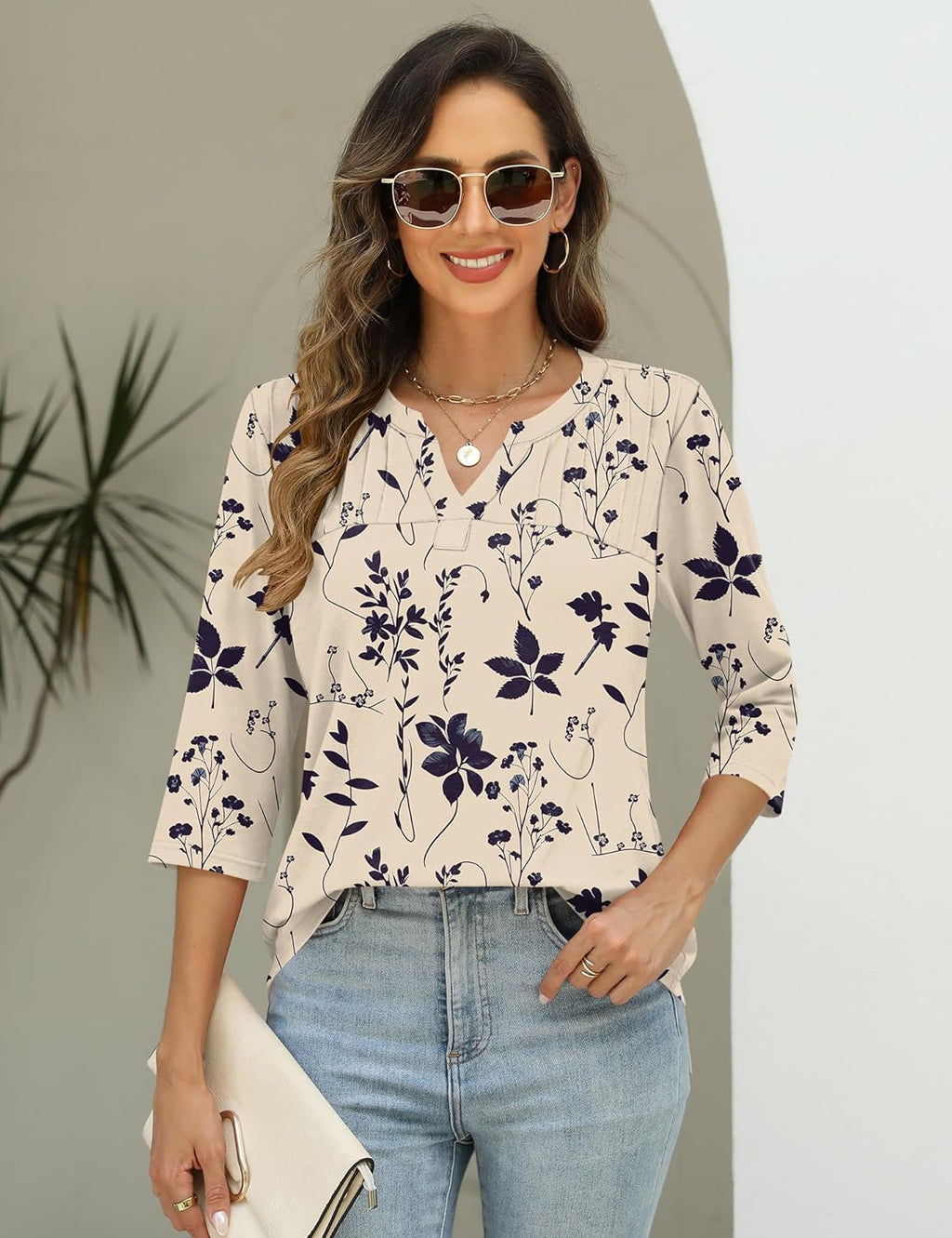 Sofia Blusa Donna – Scollo V, Maniche 3/4, Tunica Plissettata Elegante Casual