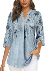 Martina Blouse Femme – Col en V, Manches 3/4, Tunique Florale Plissée Élégante