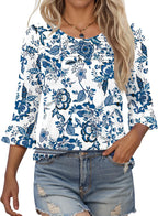 Francesca Túnica Mujer – Cuello Redondo, Mangas 3/4 con Volantes, Blusa Plisada Casual