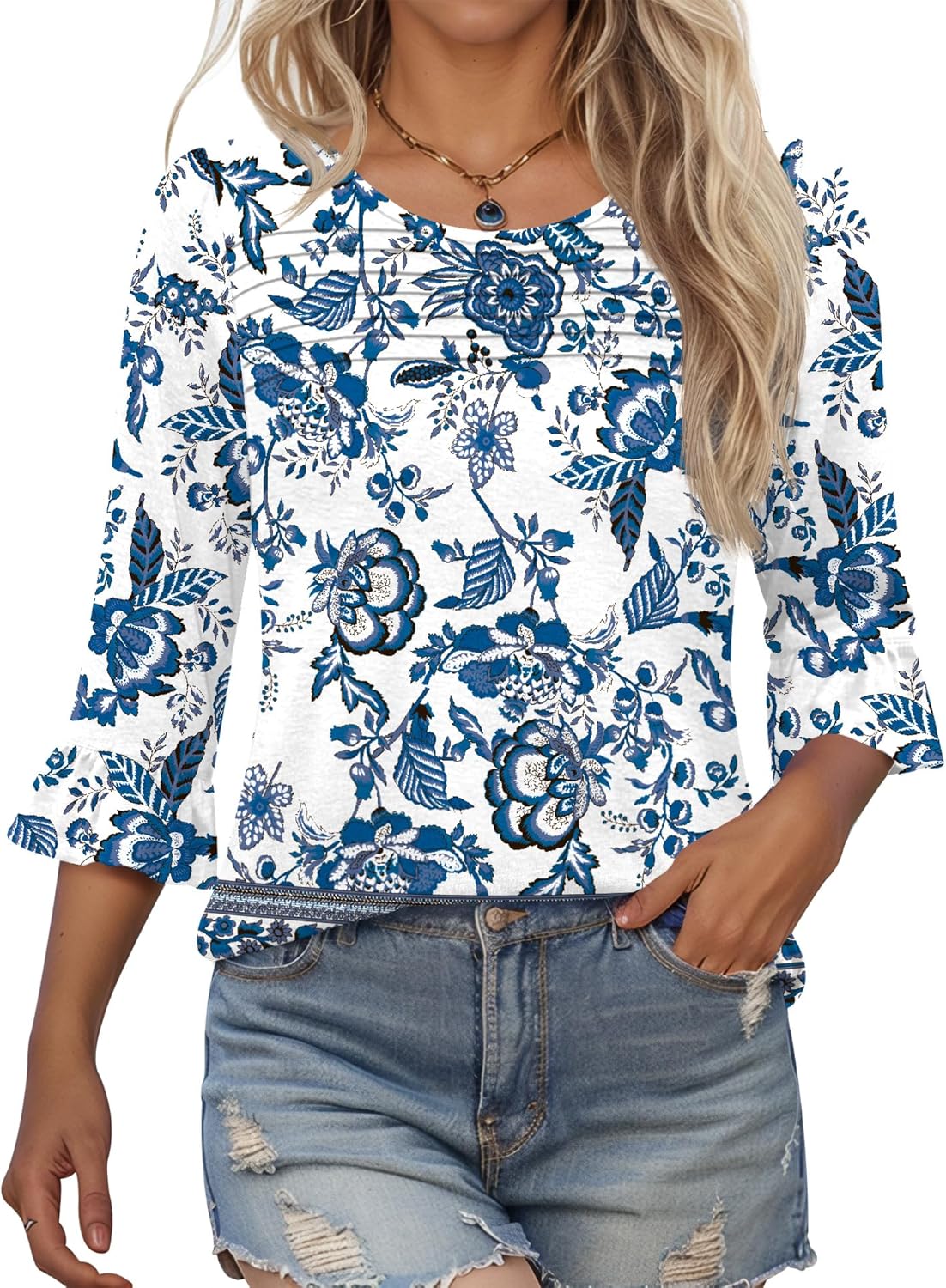 Francesca Túnica Mujer – Cuello Redondo, Mangas 3/4 con Volantes, Blusa Plisada Casual
