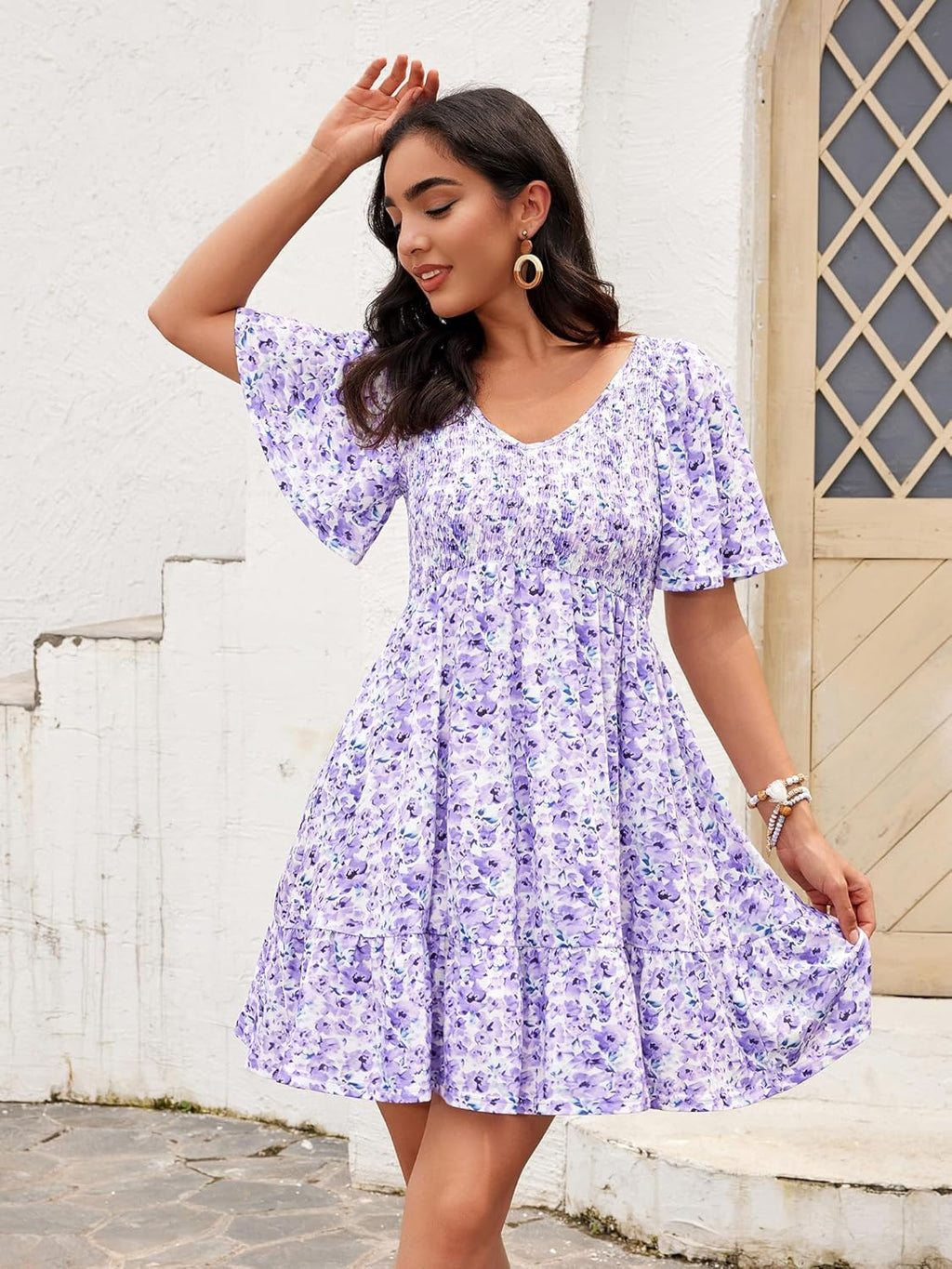 Robe Femme Martina Florale – Encolure V Smockée, Manches Volantées, Coupe A-Line Estivale