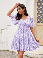 Robe Femme Martina Florale – Encolure V Smockée, Manches Volantées, Coupe A-Line Estivale