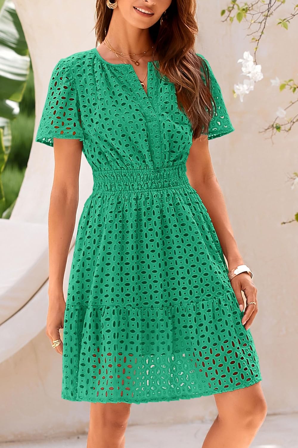 Giulia Robe d'été Femme – Dentelle Sangallo, Col en V, Mini A-Line Élégante