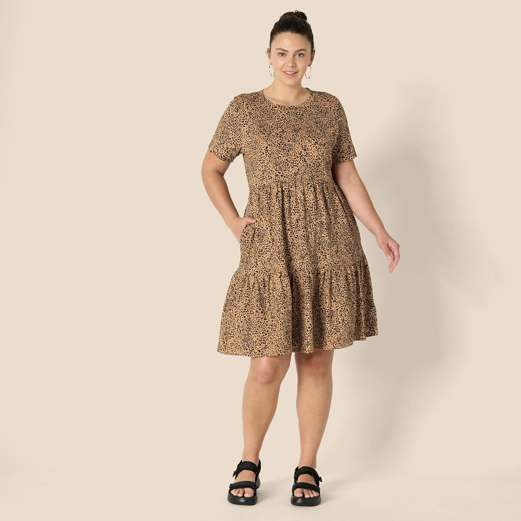 Clara Robe Femme Coton Midi – Robe T-Shirt Col Rond Manches Courtes Coupe A-Line