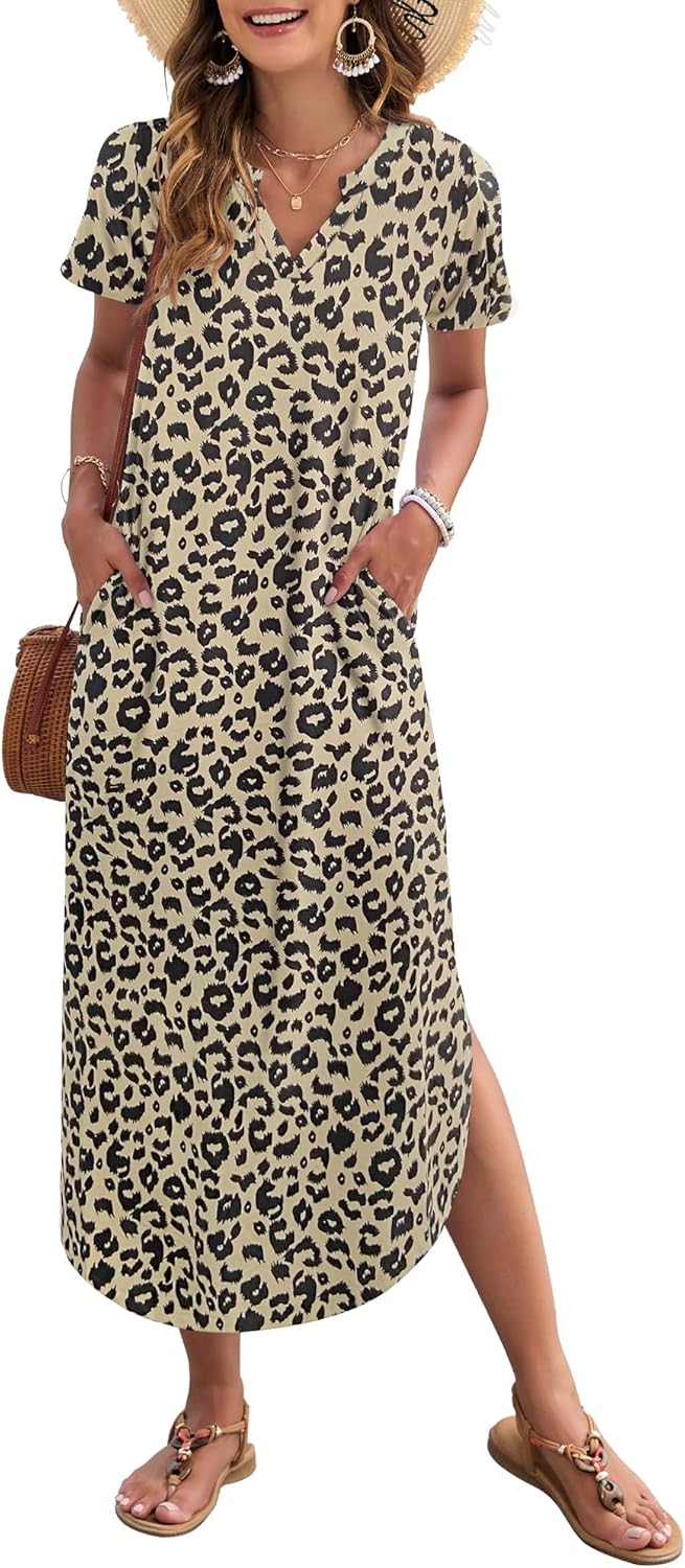 Madonna Robe Femme Maxi – Col en V, Fente Latérale, Poches Décontractées d'Été
