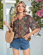 Sofia Blouse Femme – Bohème Florale, Col en V, Manches 3/4, Tunique Décontractée