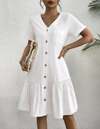Lorenza Robe Femme – Robe en Lin Coton, Boutons, Volants, Décontractée Élégante