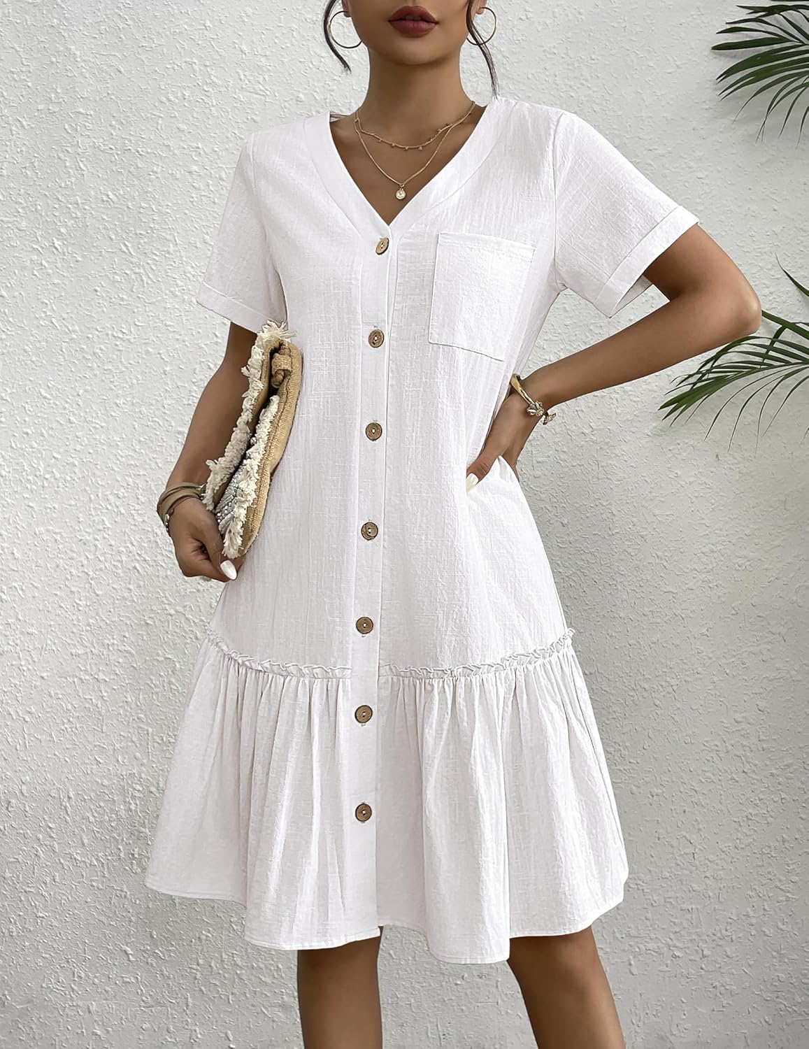 Lorenza Robe Femme – Robe en Lin Coton, Boutons, Volants, Décontractée Élégante