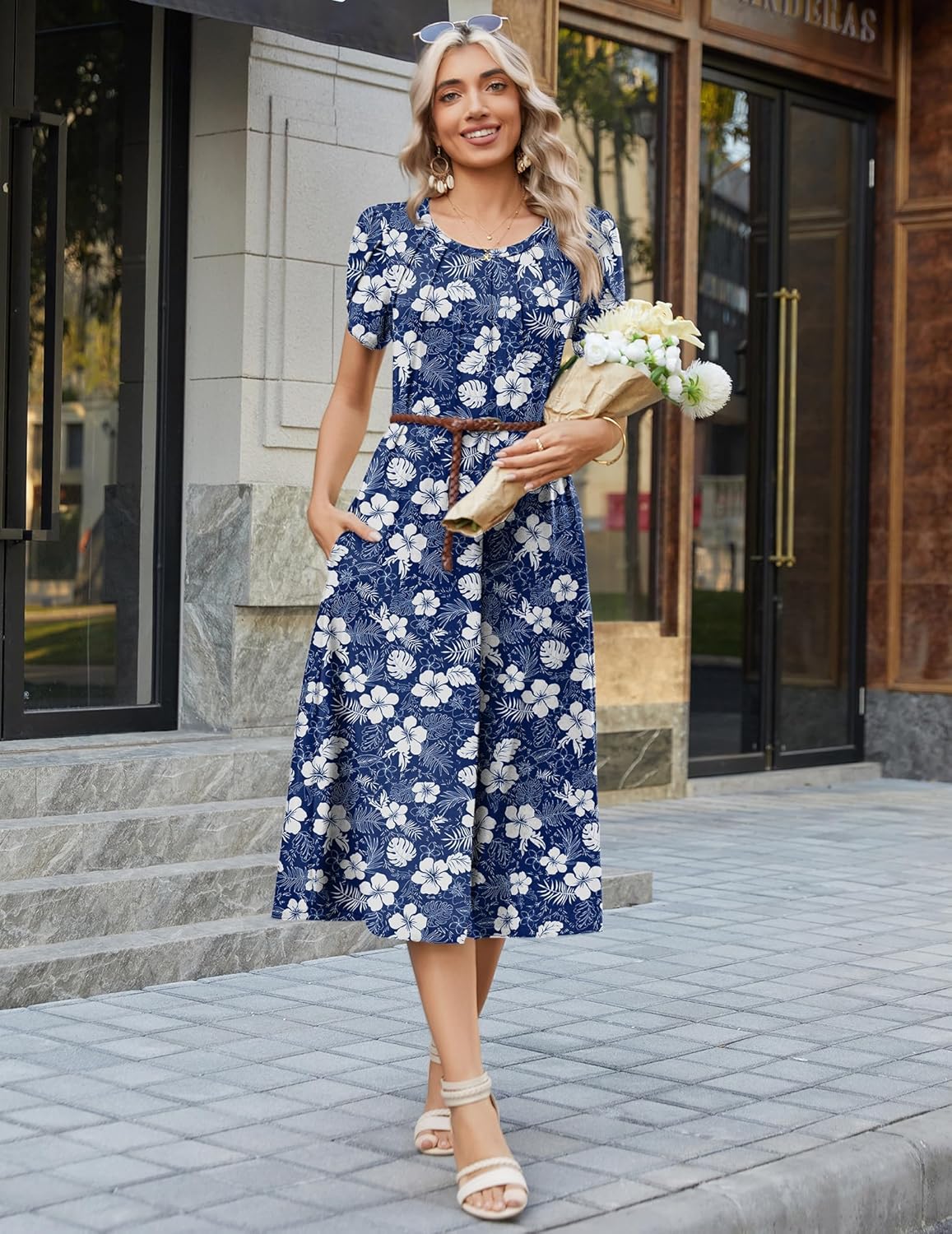 Sofia Robe d'Été Femme – Robe Midi Florale Décontractée avec Poches et Manches Courtes