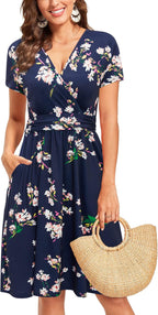 Sophie Robe Midi Femme Portefeuille – Col en V, Poches, Robe Florale Élégante