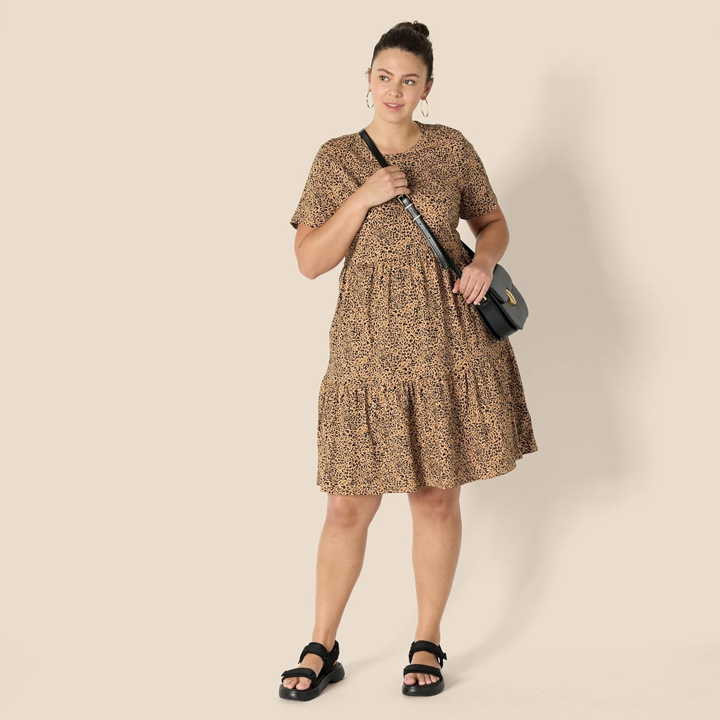Clara Robe Femme Coton Midi – Robe T-Shirt Col Rond Manches Courtes Coupe A-Line