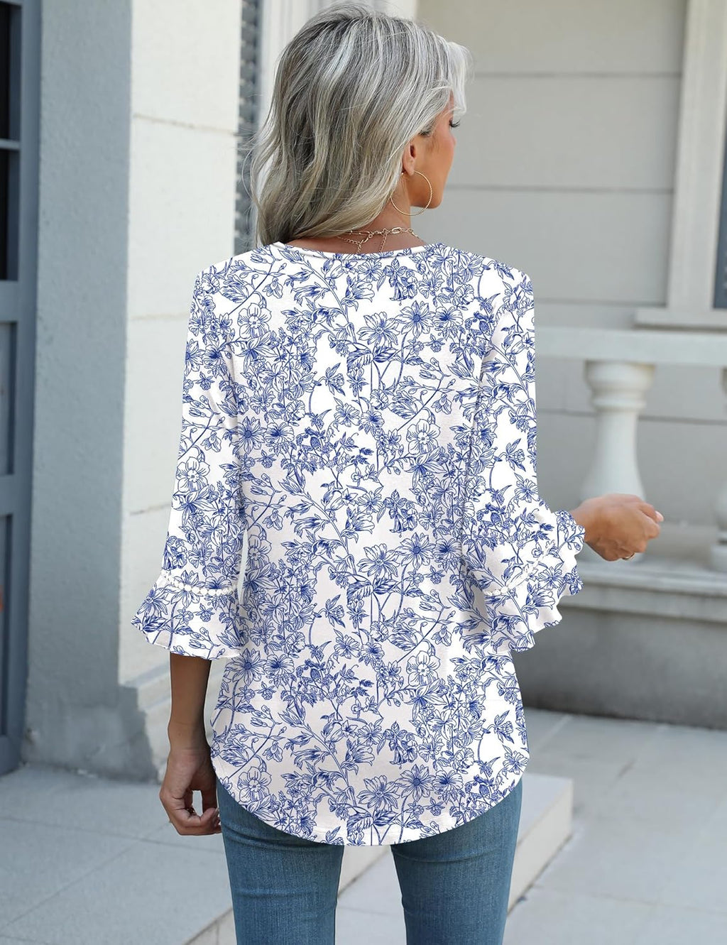 Alessia Túnica Mujer – Escote en V, Mangas 3/4, Dobladillo Curvo, Blusa Elegante Casual
