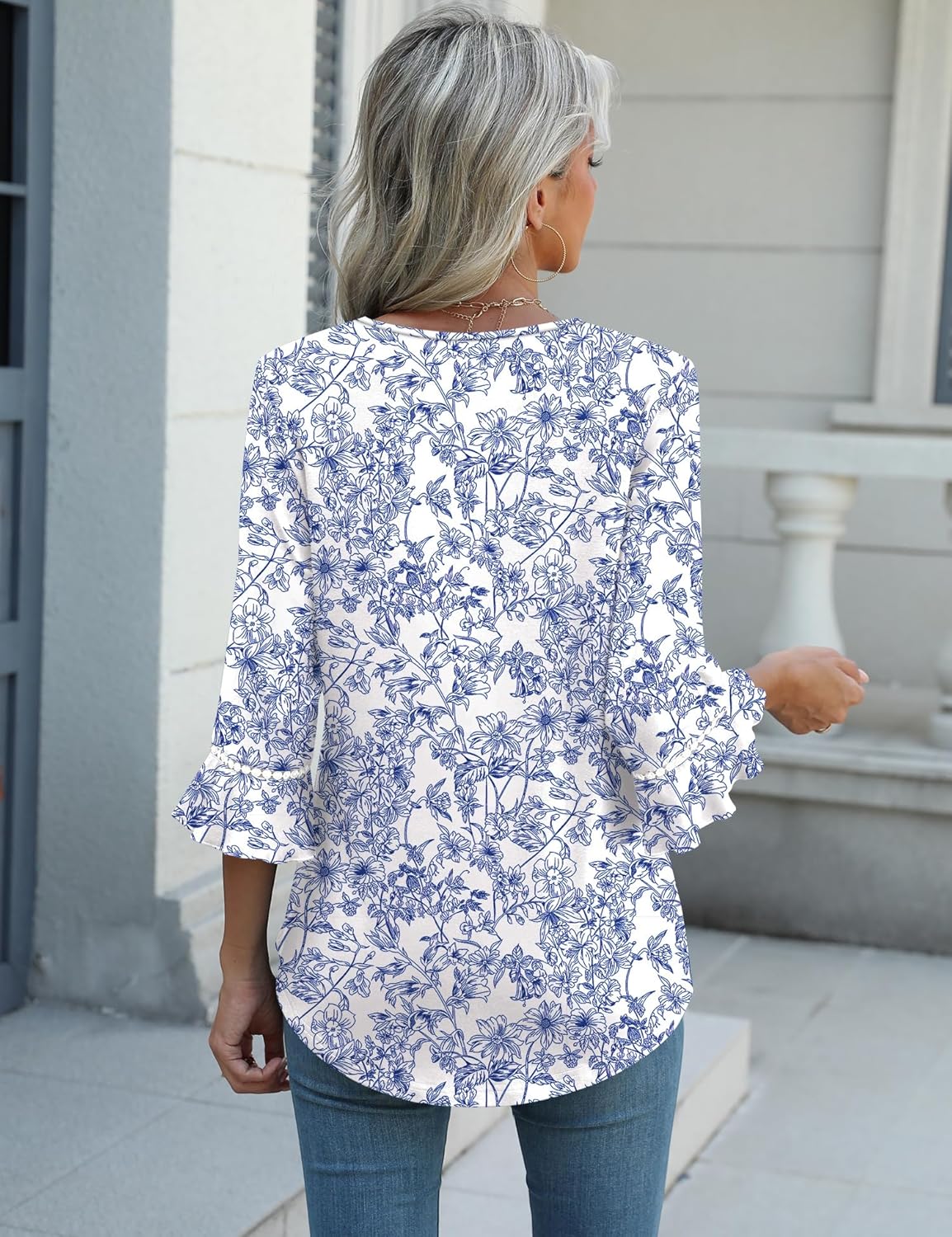 Alessia Túnica Mujer – Escote en V, Mangas 3/4, Dobladillo Curvo, Blusa Elegante Casual