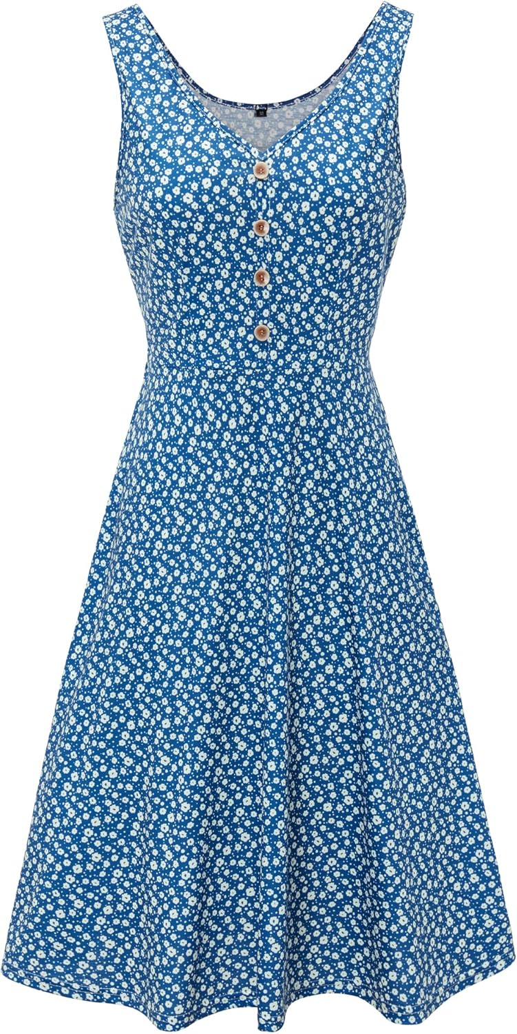 Melany Robe Femme Midi Florale – Col V, Sans Manches, Poches Été