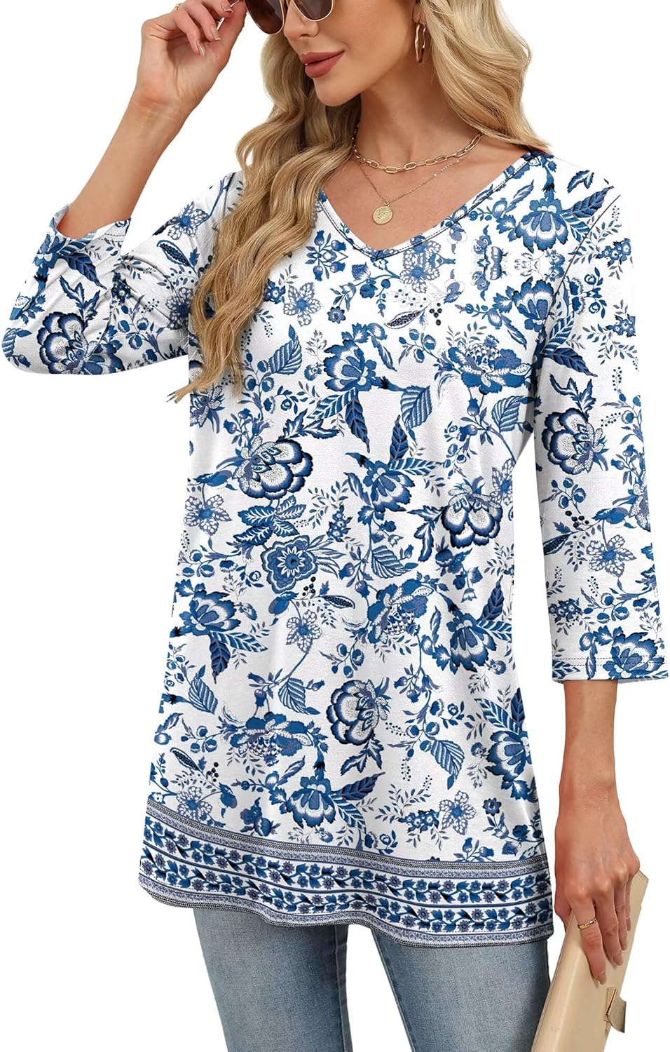 Blouse Elisa Femme – Col en V, Manches 3/4, Tunique Casual Élégante de Bureau