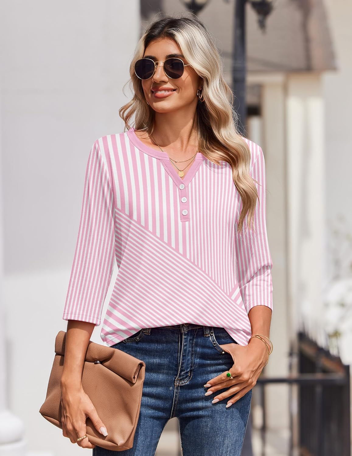 Elena Blouse Femme – Manches 3/4, Col Henley, Haut Casual Élégant pour le Travail