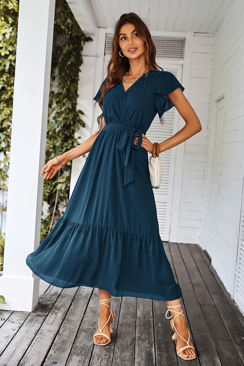 Valentina Robe Bohème pour Femme – Robe Maxi Fleurie avec Col en V et Ceinture