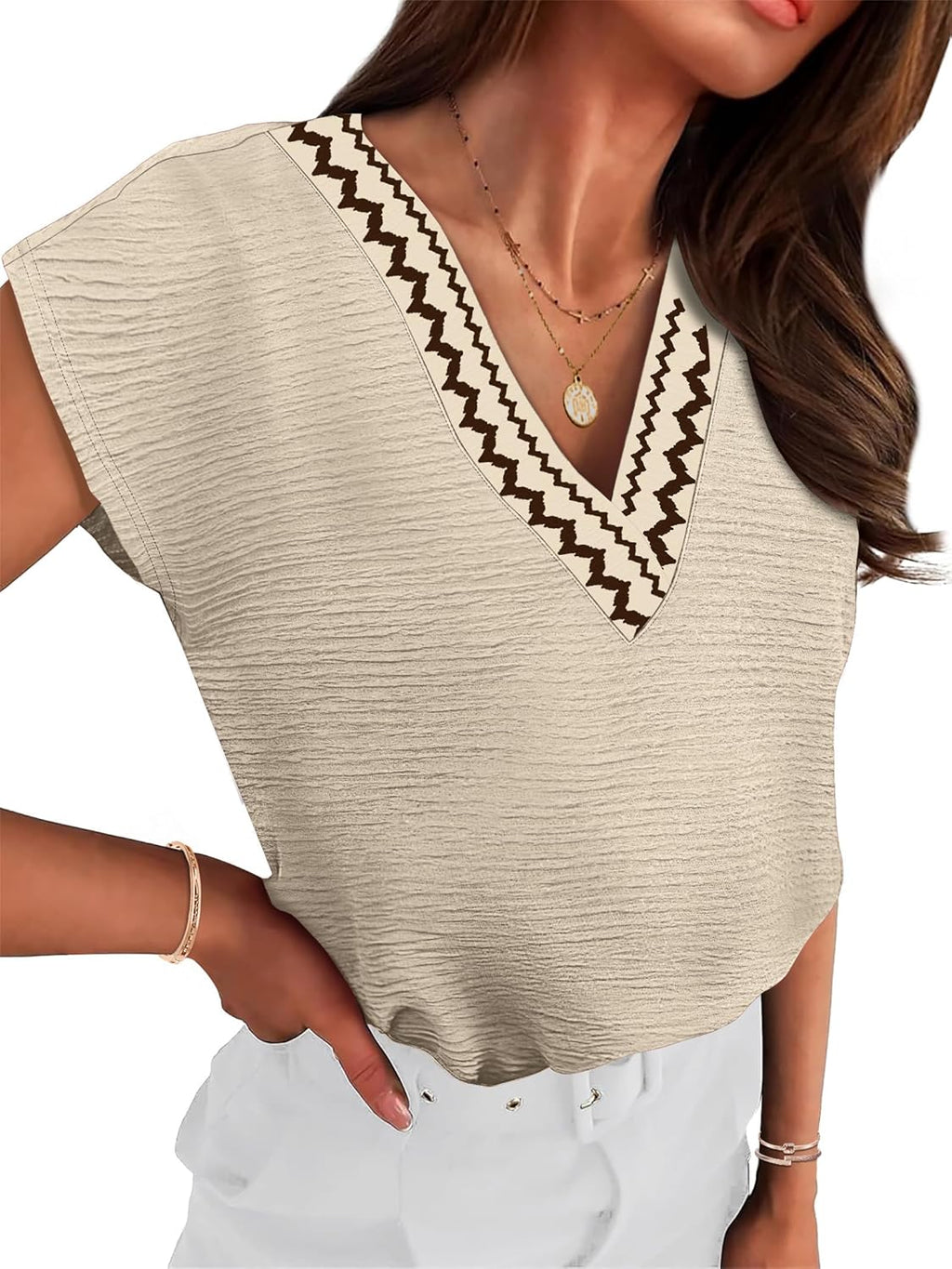 T-shirt Francesca Femme – Col en V, Haut Casual Élégant, Manches Courtes d'Été
