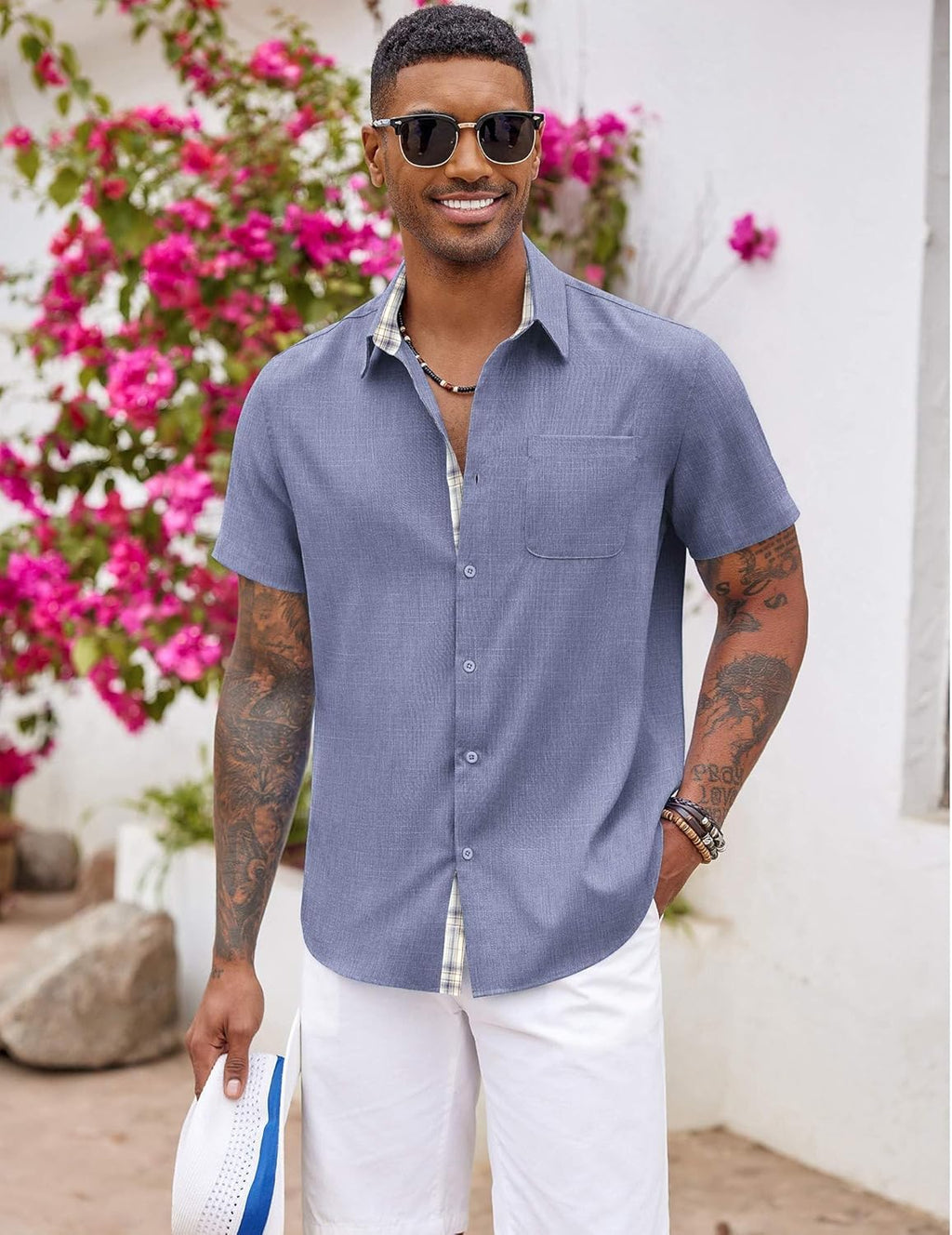 Marco Chemise Homme à Carreaux – Chemise d'Été à Manches Courtes avec Poche poitrine