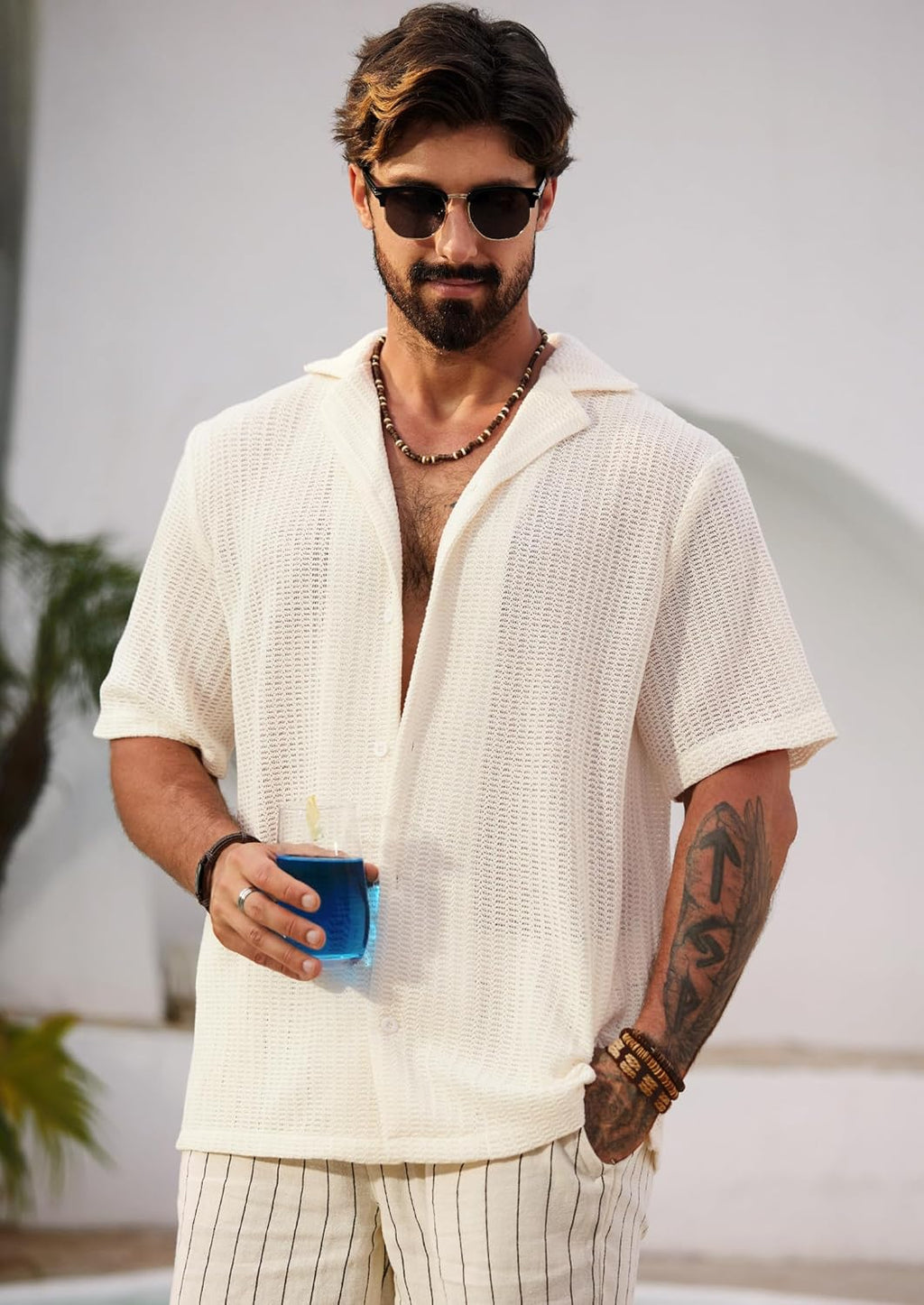 Chemise Lorenzo Camicia Crochet Homme – Chemise d'été en maille ajourée style cubain