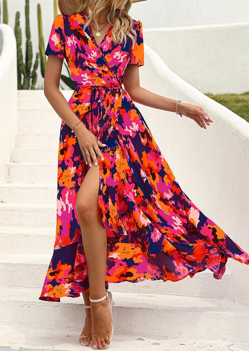 Madriana Robe Femme Maxi Florale – Col en V, Portefeuille, Fente, Ligne A Estivale